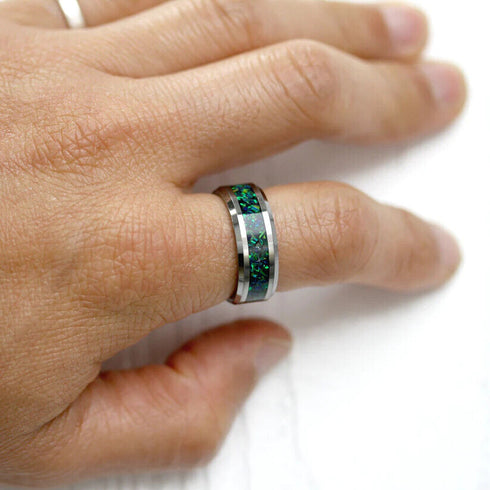 Men 8mm Tungsten Beveled Edges Crushed Malachite Stone Inlay Wedding Band